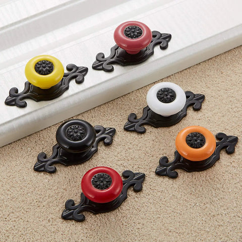 Simple Ceramic Dresser Knobs With Vintage Backplate Drawer Pulls 10 Pack Featuring Slick Zinc Alloy Base, colorful set arranged on a surface.