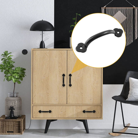 12 Piece Antique Plum Blossom Zinc Alloy Door And Drawer Pulls Set installed on cabinet, black gate handles 4 inch length, 3.2 inch spacing