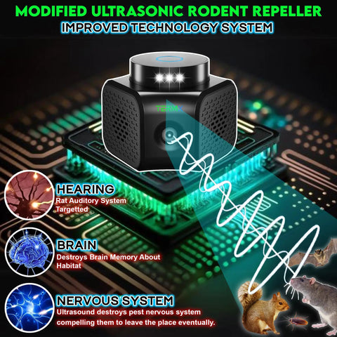 Ultrasonic Pest Repeller Plug In No Touch Solution With 4 Modes Indoor Rodent Deterrent graphic with technology system details.