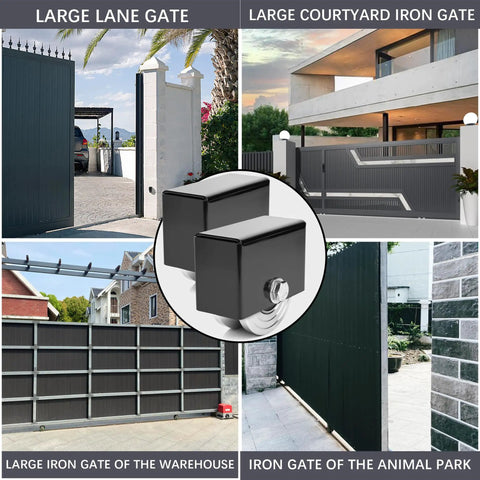Rock Solid 3 Pack 4 Inch V Groove Gate Wheels With Welded Brackets Heavy Duty Double Bearings Silent Roll For Inverted V Track Sliding Barn Gates Built Like A Tank Up To 3500 Lbs Load Capacity image showing various gates and the gate wheels.