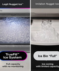 Comparison of nugget ice quality, showcasing Opal 2.0 XL Nugget Ice Maker With 1 Gallon Tank On Countertop and imitation ice systems.