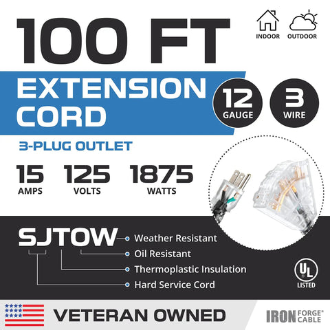 Heavy Duty 12 Gauge Extension Cord With Multi Outlets 100 Foot Black Oil Resistant Jacket Super Flexible In Freezing Temps showing 3-plug outlet details.