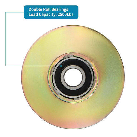 Top view of 4 Inch V Groove Wheel With Double Bearings For Inverted V Track Gate Caster, galvanised AISI 1045 steel, 2500 lbs load capacity