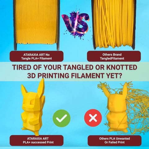 Comparison of ATARAXIA ART No Tangle PLA+ Filament and tangle problems with others, showcasing successful and failed prints.