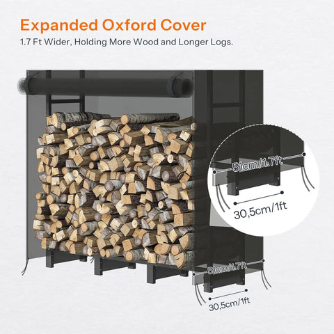 Adjustable Firewood Rack With Weatherproof Cover showing beefy metal frame, holding quarter face cord, easy assembly outdoors