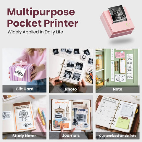 PM290C Portable Mini Sticker Printer Inkless Bluetooth Maker With Three Rolls Of White Thermal Sticker Paper shown with various printed items.