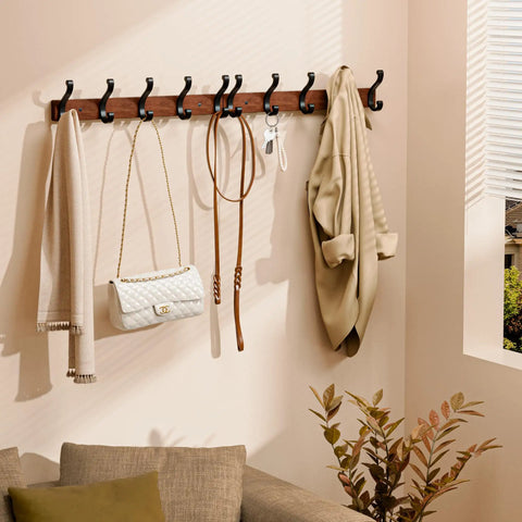 Solid Wood Wall Mounted Coat Rack With Five Heavy Duty Metal Hooks Holds Up To 25 Lbs Each for various items in entryway