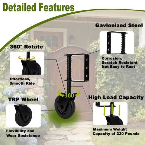 Diagram showing 4.3 Inch Heavy Duty Gate Wheel With Spring Loaded Caster TPR Non Slip Wheel Industrial Bearings features.