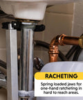 Telescoping Basin Wrench With Large Pivoting Jaw Extends From 11 To 16 Inches Fits 1 To 2 Inch Nuts And Feed Lines One Hand Ratcheting in use under sink