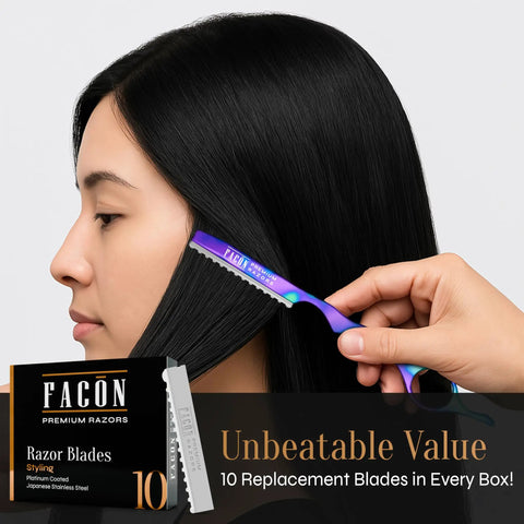 Professional Hair Cutting Razor Kit With Stainless Steel Feather Styling Blade And 11 Replacement Inserts For Pro Thinning Texturizing And Precision Cuts For Salons And Home Use Featuring Secure Grip And Keen Edge Design To Help You Slay Crisp Fades, showing razor blade for styling hair.