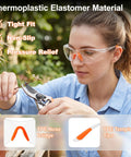 Woman using 80 Pack Bulk Anti Fog Safety Glasses With Impact Resistant Lenses No Sweat Fit Slick Anti Scratch Coating Built Tough ANSI Z87.1 Certified Daily Grind Eyewear in garden.