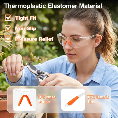 Woman using 80 Pack Bulk Anti Fog Safety Glasses With Impact Resistant Lenses No Sweat Fit Slick Anti Scratch Coating Built Tough ANSI Z87.1 Certified Daily Grind Eyewear in garden.