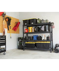 High Octane Heavy Duty Industrial Storage Shelving Racks holding various bins and tools in a garage setup, 77X72X24 Inch.