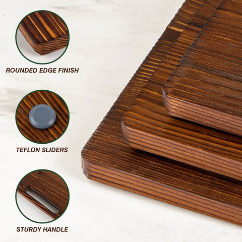 Close-up view of Heavy Duty Pine Wood Appliance Slider Smooth Glide Tray showing rounded edges and Teflon sliders.