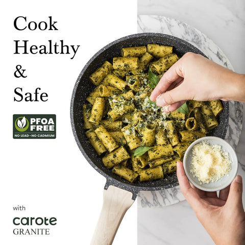 Eight Inch Nonstick Granite Frying Pan With Eco Safe Pfoa And Pfos Free Coating For Healthier Everyday Cooking with pasta and cheese.