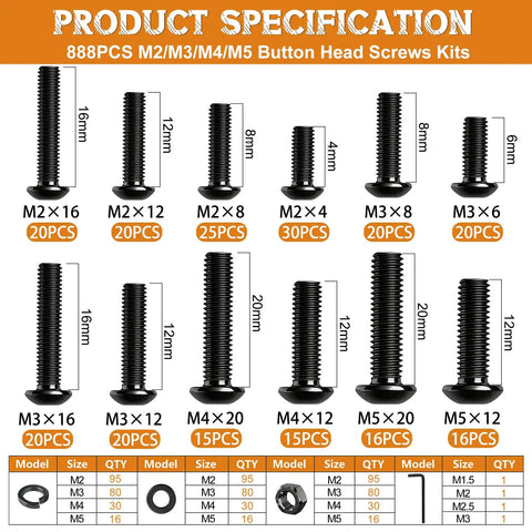 Top Shelf Metric Hex Socket Button Head Bolt Assortment Kit With M2 M3 M4 M5 Sizes, showing various sizes and quantities of button head screws.