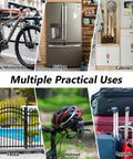Super Slick Fingerprint Cable Lock For Fridge And Cabinets With Bluetooth App Control Child Proof Security For French Doors And Drawers No Hassle Peel And Stick displayed on fridge, cabinet, bike, helmet, fence, and luggage.