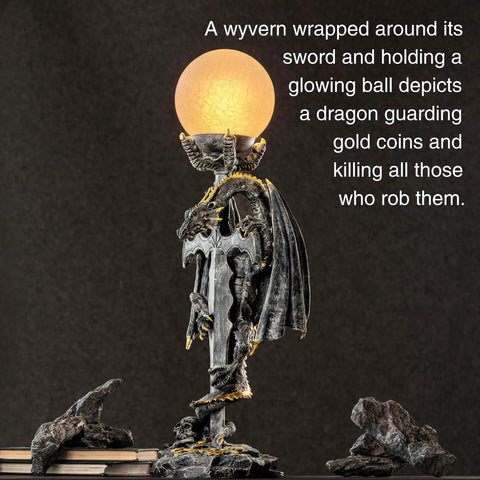 Gothic Dragon Sword Statue Table Lamp With Glowing Orb, Medieval Mythic Guardian Resin Decor For Home Or Bedroom on a shelf