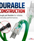Built Tough For The Daily Grind Heavy Duty 100 Foot Extension Cord 10 Gauge 3 Prong Power Cable With SJTW Jacket showing durable clear plugs.