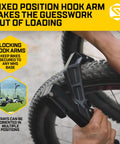 Close-up of the Modular Two In One Hitch Rack for Two Bikes up to Eighty Pounds with no frame contact hook arm.