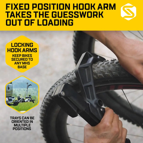 Close-up of the Modular Two In One Hitch Rack for Two Bikes up to Eighty Pounds with no frame contact hook arm.