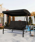 Three-Seat Outdoor Porch Swing With Adjustable Canopy For Sun Protection, Sturdy 800 Lb Heavy Duty Steel Frame, Cushions, Black