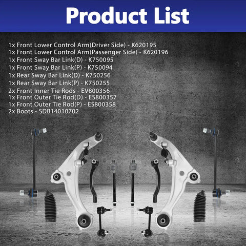 Product list for 12Pc Front Control Arms Set For Nissan Altima 07-12 featuring arms, links, tie rods, and boots.