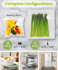 Compact Handheld Vacuum Sealer For Food With Visible Water Tank And 30 Reusable Bags shown with sealed peppers and asparagus