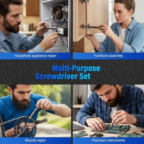 Precision Magnetic Screwdriver Set With S2 Steel Bits And Aluminum Handle, Compact Ratcheting Repair Kit For PC And Laptop Electronics And Handy Crew Seeking No Sweat Setup For Any Ace Fix in use for appliance repairs, furniture assembly, bike maintenance, and electronic precision work.
