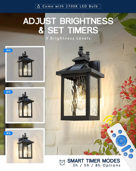 Stunning Solar Powered Wall Lights Wall Mount Outdoor Fixtures in matte black, showing brightness settings on remote control.