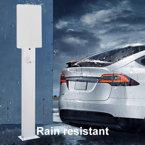 Badass EV Charger Protection Box For Outdoor And Garage Storage, Rain Resistant Heavy Duty Steel Cover near a car in the rain.