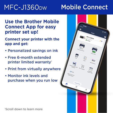 Mobile phone displaying Brother Mobile Connect App for MFC-J1360DW printer setup, showing features like ink savings and remote printing.