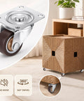 12 Pack Brown Mini Swivel Caster Wheels Compact 0.5 Inch Diameter attached to a woven storage bin for easy gliding.