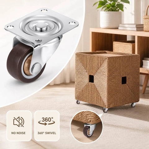 12 Pack Brown Mini Swivel Caster Wheels Compact 0.5 Inch Diameter attached to a woven storage bin for easy gliding.