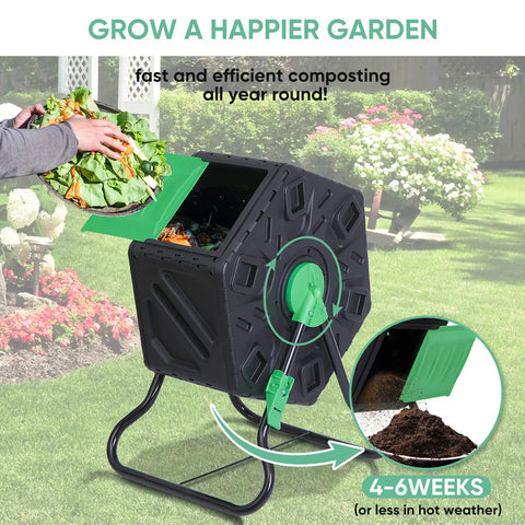 18.5 Gallon Compost Tumbler with two sliding doors, BPA-free PP and solid steel frame, in a garden setting for quick, odor-free composting