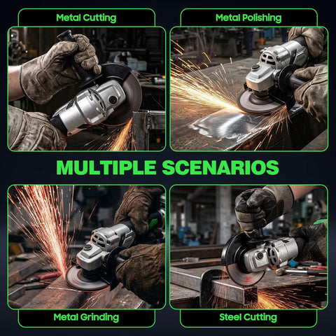Heavy Duty Cordless Angle Grinder With Brushless Motor And 125mm Discs Featuring Three Speed Settings for metal cutting and polishing.
