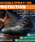 Waterproof Shoe Protector Spray For Leather Suede And Nubuck Non Aerosol 6oz Shield on boot with water droplets