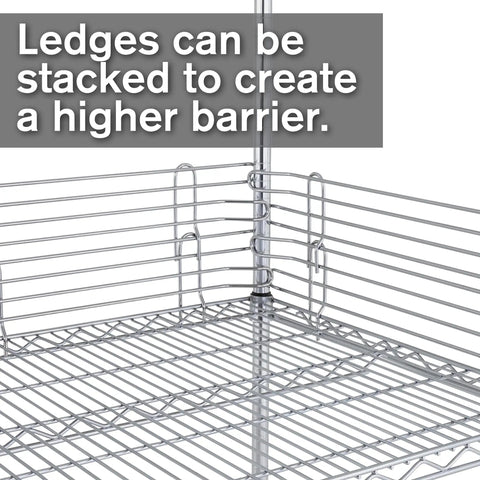 Top Tier Four Inch Stackable Ledge For Classic Wire Shelving With Sleek Chrome Rack Support Insert And Easy Snap Storage Addon For Legit Heavy Duty Build Quality In Garage Or Shop Space stacked on a wire shelf.