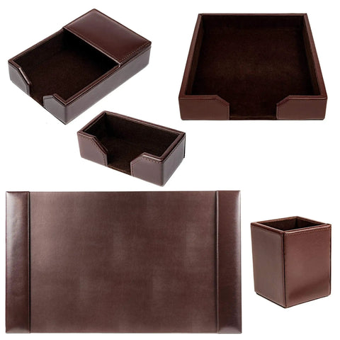 Bonded Leather Desk Set With Luxury Leather Desk Pad And Five Piece Organization Accessories In Dark Brown For A Boss Level Office Vibe, Executive Desk Decor, And Effortless Workspace Organization, featuring pad and organizers.