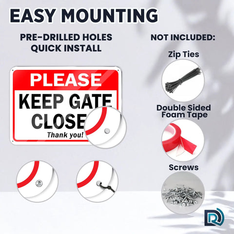 Two Pack Keep Gate Closed Signs, 7 By 10 Inch Reflective Aluminum Gate Signs For Outdoor Fences with pre-drilled holes
