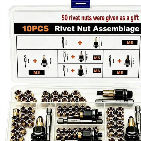 Heavy Duty Threaded Insert Tool Kit For Auto Repair And DIY Projects M3 To M8 Rivet Nut Set Rustproof Galvanized Carbon Steel Pro Grade Garage Ready Kit For Sheet Metal And Auto Body Maintenance, case open with M3-M8 rivet nuts