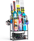 Freestanding Heavy Duty Ski And Snowboard Rack For Garage Storage Holds Four Full Sets Of Gear with skis, boots, helmets, and goggles organized.