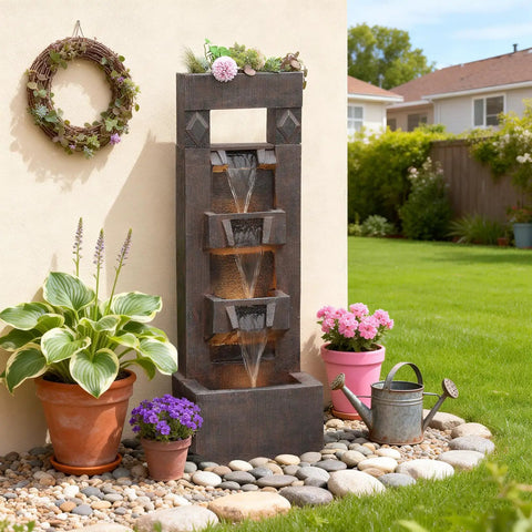 Four Tier Outdoor Water Fountain With LED Lights And Pump, 40.9 Inch Freestanding Cascading Waterfall in patio setting
