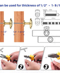Installation guide for Slick Brushed Brass Solid Kitchen Cabinet Pulls And Round Drawer Knobs 15 Pack showing measurements.