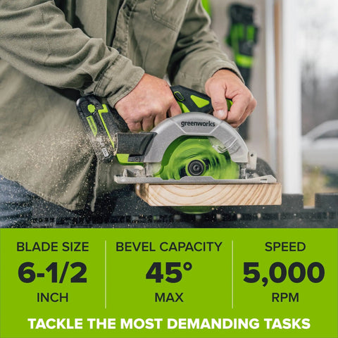 Heavy Duty Brushless Cordless Circular Saw Tool Only Featuring Snappy 24 Volt Battery Power And Knockout Demolition Cutting With Easy Lock Bevel Adjustment For Dependable High Speed Performance, 6-1/2 inch blade in action.