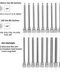 Extra Long Hex Bit Socket Set For Three Eighths Inch Drive, Thirty Two Piece SAE And Metric Allen Bits with 6-inch steel shafts