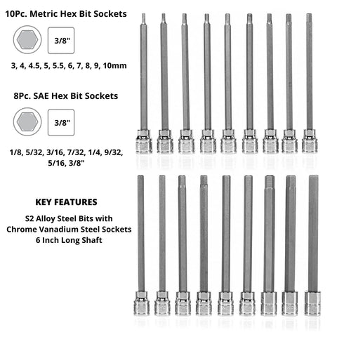 Extra Long Hex Bit Socket Set For Three Eighths Inch Drive, Thirty Two Piece SAE And Metric Allen Bits with 6-inch steel shafts