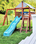 52 By 90 Inches Swing Set Replacement Canopy Tarp For Playgrounds And Backyards, Premium 300D Polyester With PU Coating, UV Protection And Waterproof Shade Screen In Brown And White over wooden playset with slide.