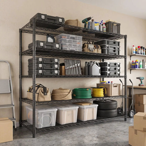 Flex Your Storage Space With This Badass Heavy Duty 5 Tier Metal Wire Shelving Rack featuring organized tools and bins in a garage.