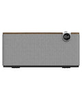 Front view of Premium Tabletop Bluetooth Speaker System with walnut veneer and tactile controls, no details visible.
